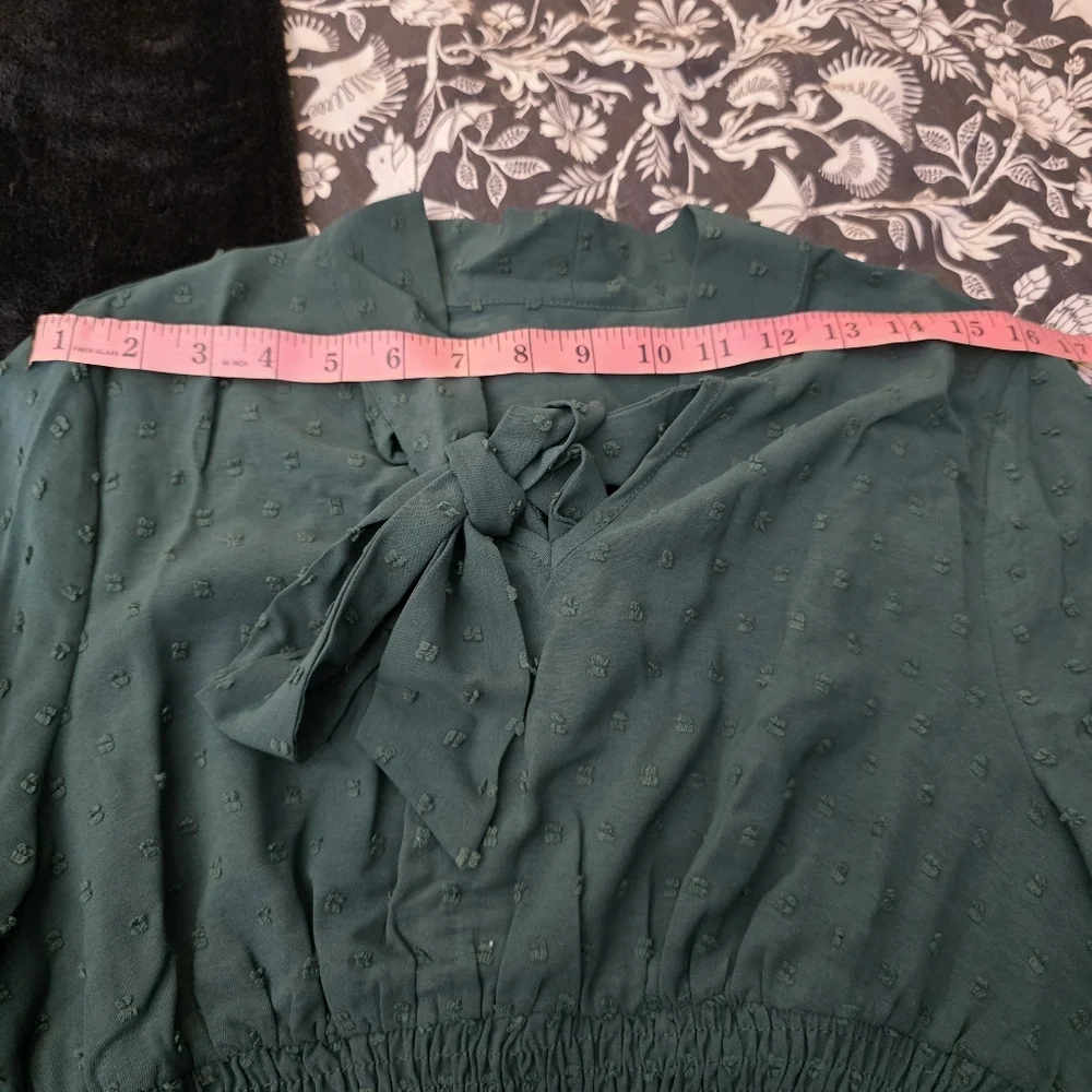 Green Long Sleeve Tie Neck Dress Women’s XL Cottagecore Fall Mini Dress - Picture 3 of 4